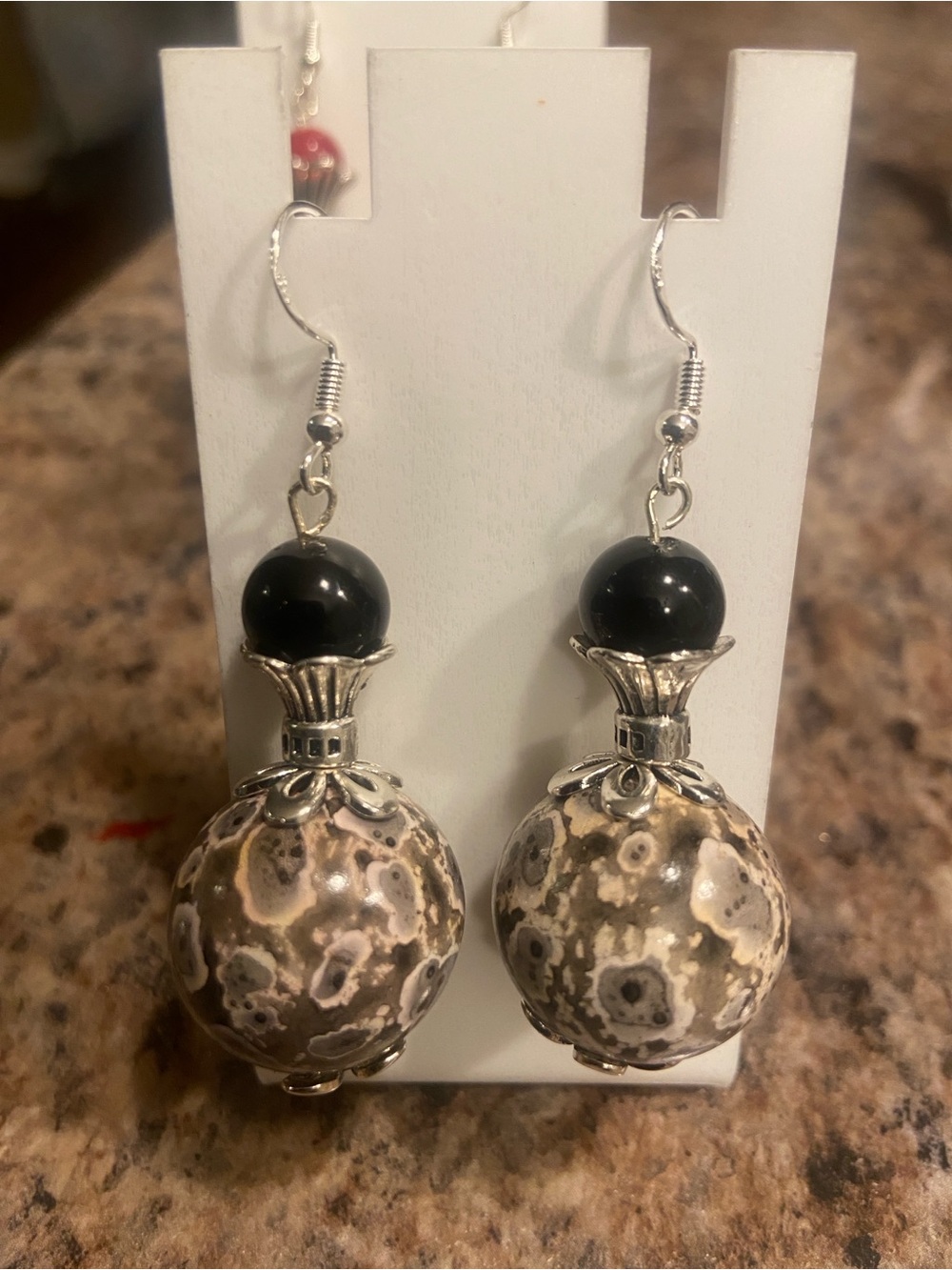 Handcrafted Black & Brown Ocean Jasper Drop Earrings - Unbranded